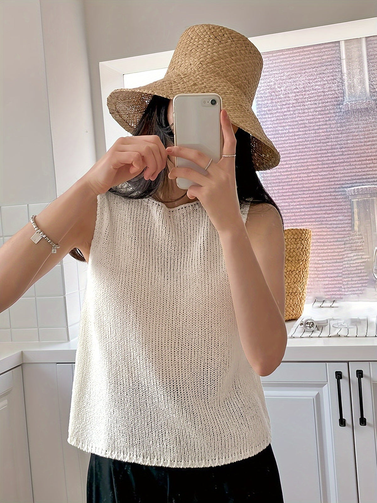Kessoro women's relaxed open-knit sleeveless top in apricot and coffee brown, women's tops — view 3 of 8