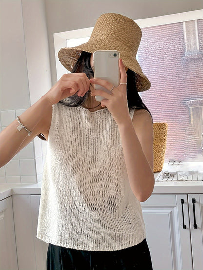 Kessoro women's relaxed open-knit sleeveless top in apricot and coffee brown, women's tops — view 3 of 8