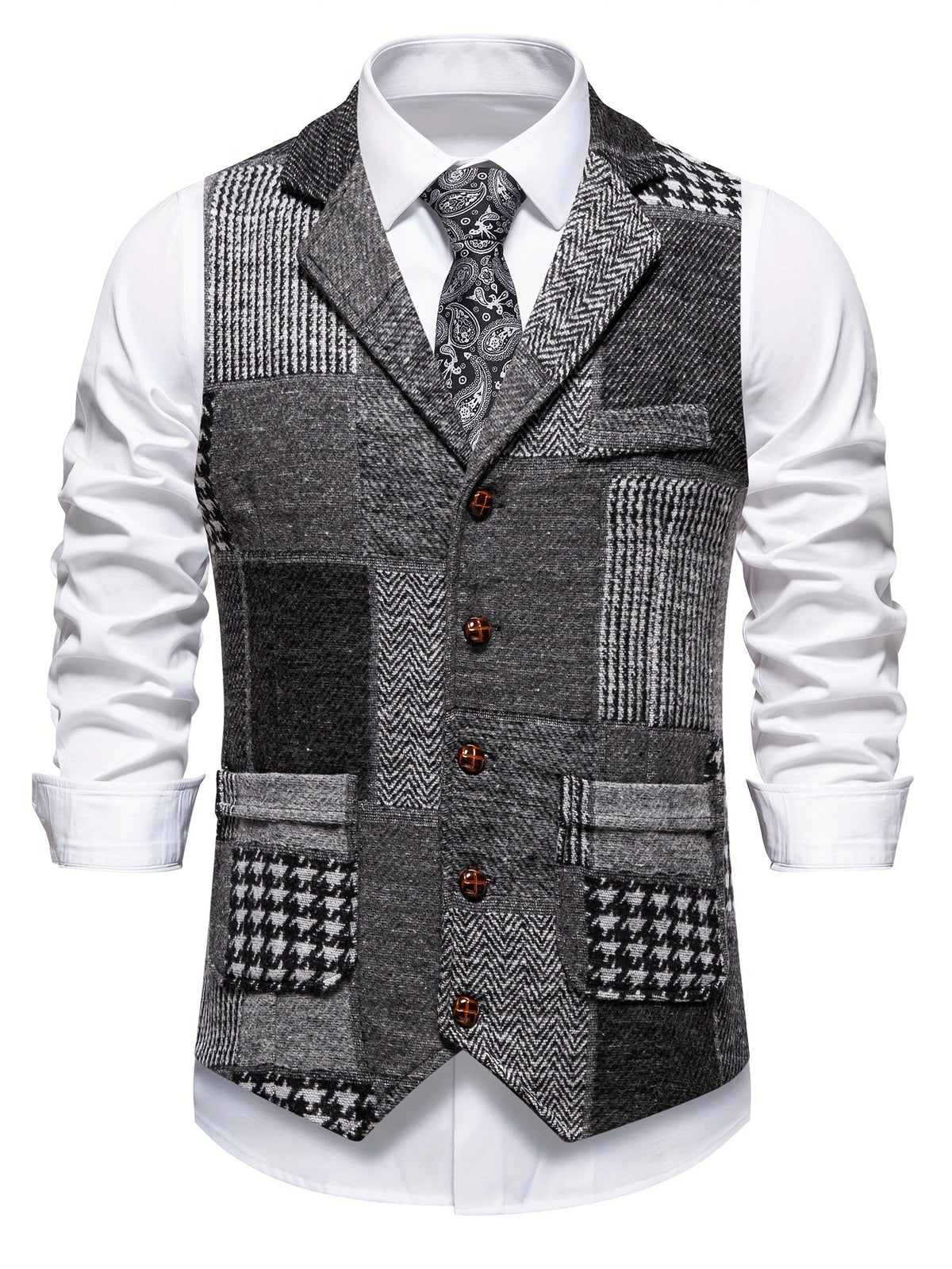 Kessoro men's herringbone patchwork tailored waistcoat in red, gray, blue, green and orange colorways - men's suiting