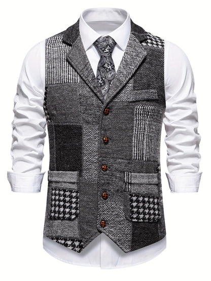 Kessoro men's herringbone patchwork tailored waistcoat in red, gray, blue, green and orange colorways - men's suiting