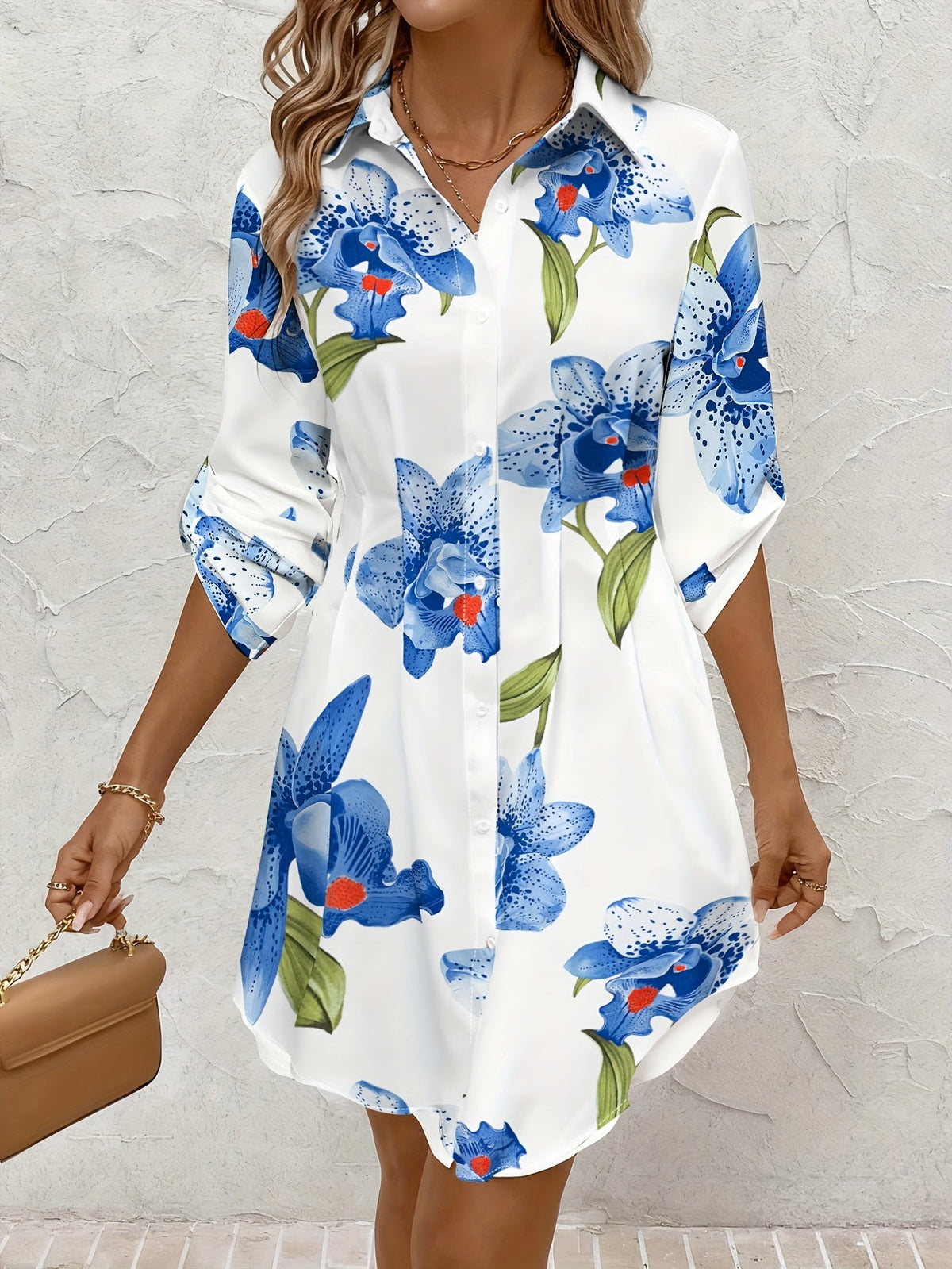 Kessoro women's floral button-front shirt dress shown in sky blue and white colourways on a female model