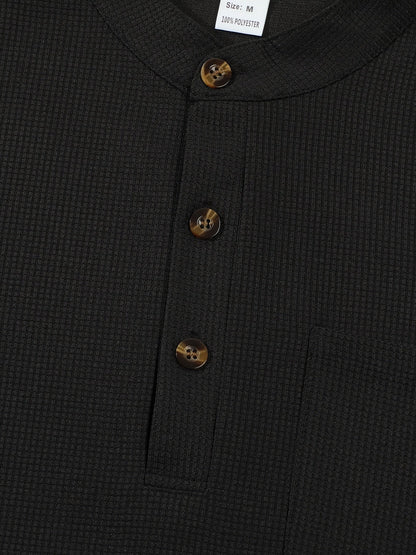 Men's textured long sleeve henley shirt in khaki, white, black, grey and burgundy, colour option 2 front view