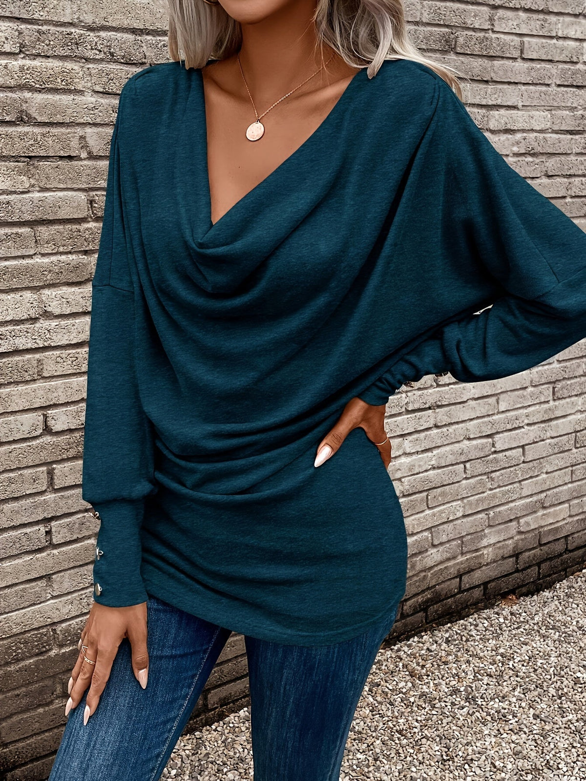 Kessoro women's relaxed drape long sleeve top in blue, burgundy, graphite, black, navy and light grey - view 3 of 17