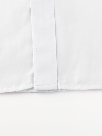 Men's tailored long-sleeve button-up shirt in sky blue, light grey and white, colour option 3 front view