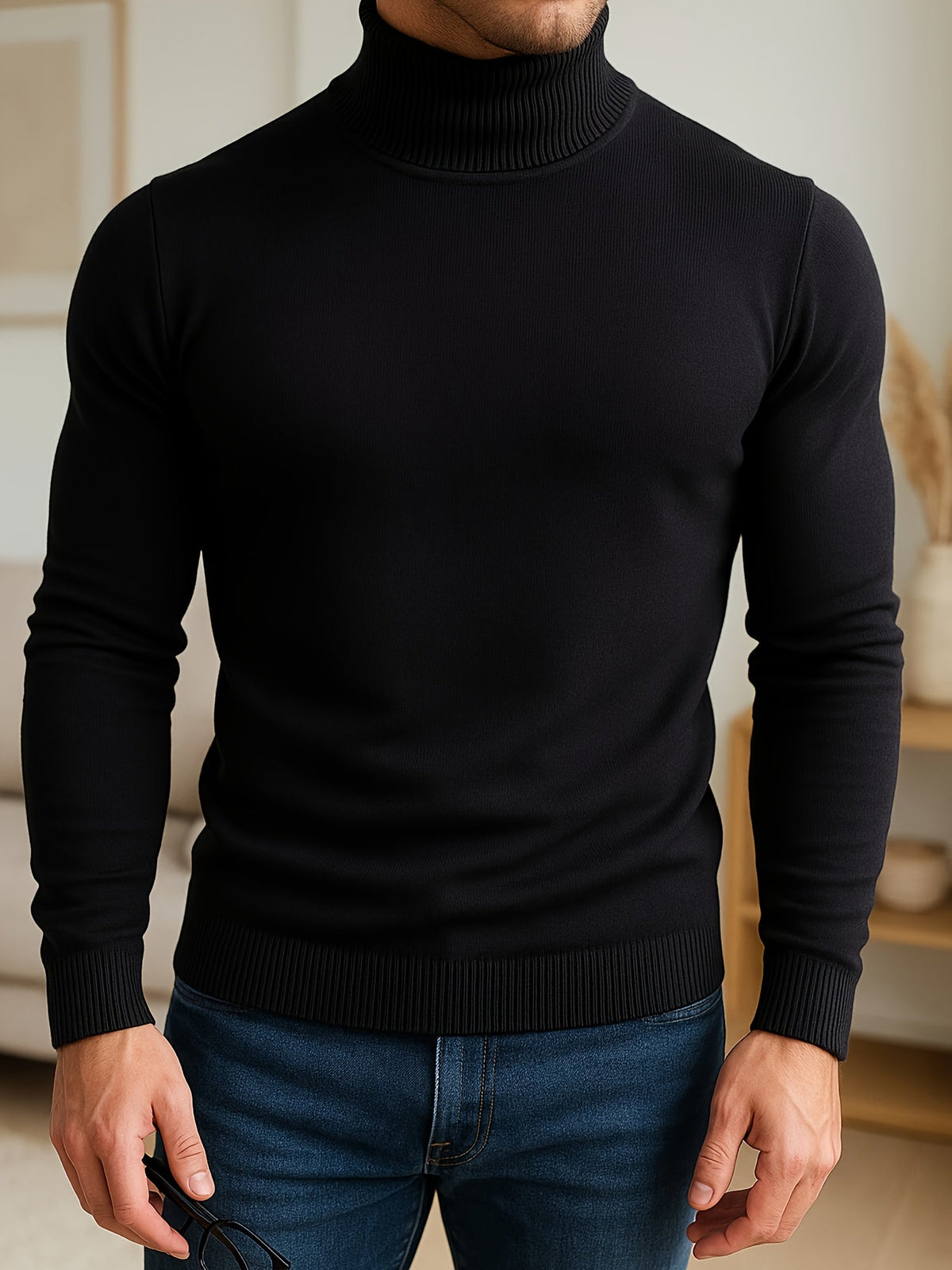 Men's refined ribbed roll-neck high-neck sweater in black, white, bronze and blue, fabric texture view