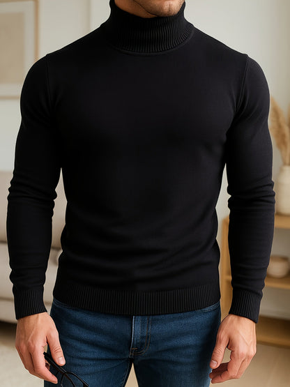 Men's refined ribbed roll-neck high-neck sweater in black, white, bronze and blue, fabric texture view