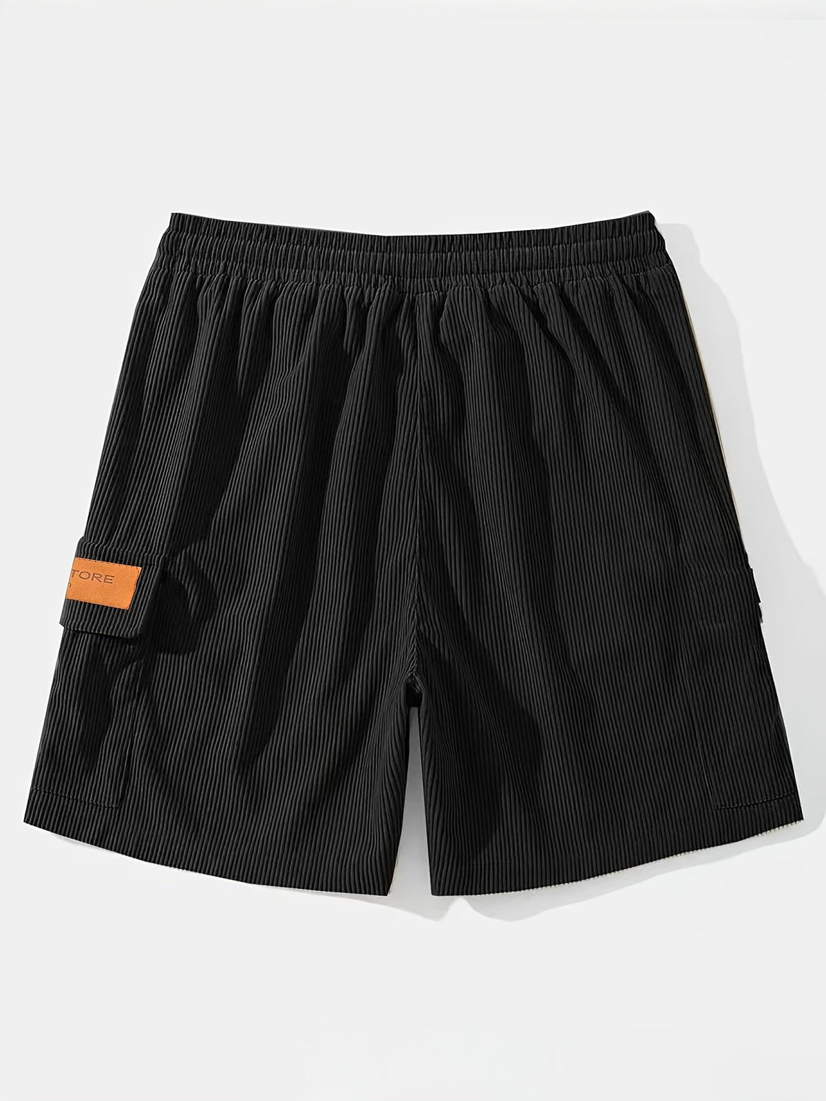 Men's textured drawstring cargo shorts in black, apricot and grey, view 6
