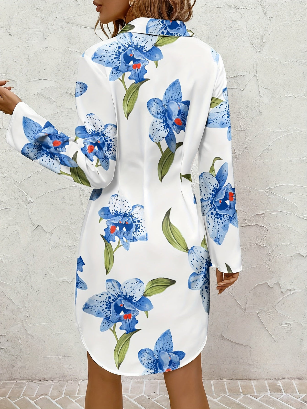 Kessoro women's floral button-front shirt dress shown in sky blue and white colourways on a female model