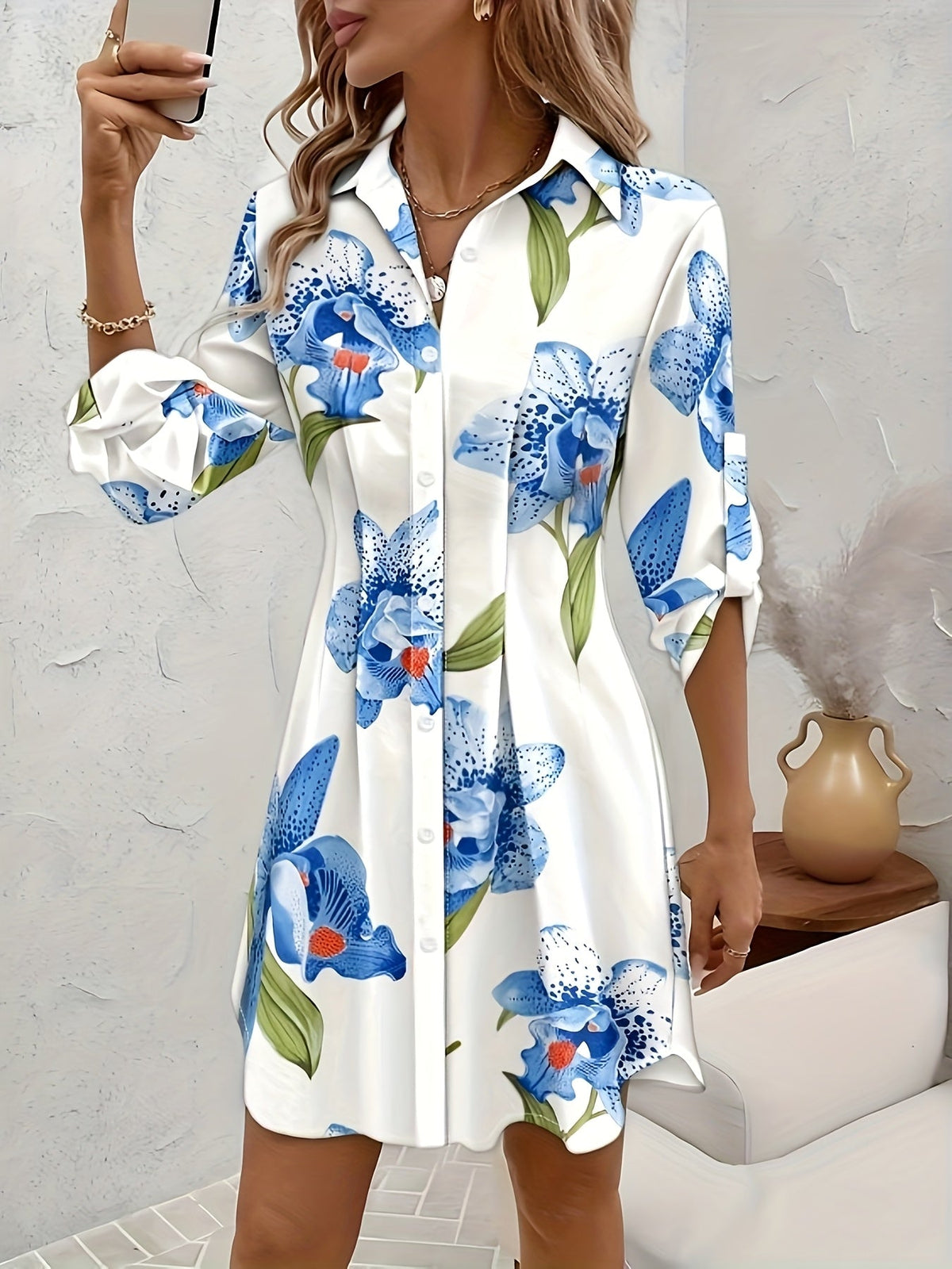 Kessoro women's floral button-front shirt dress shown in sky blue and white colourways on a female model