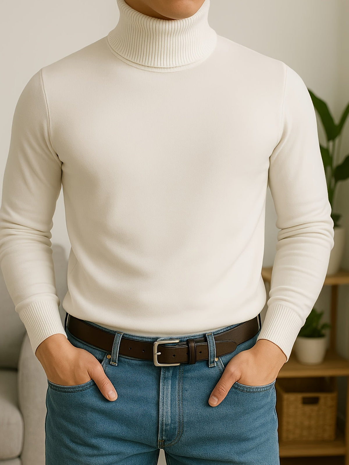 Men's refined ribbed roll-neck high-neck sweater in black, white, bronze and blue, front view