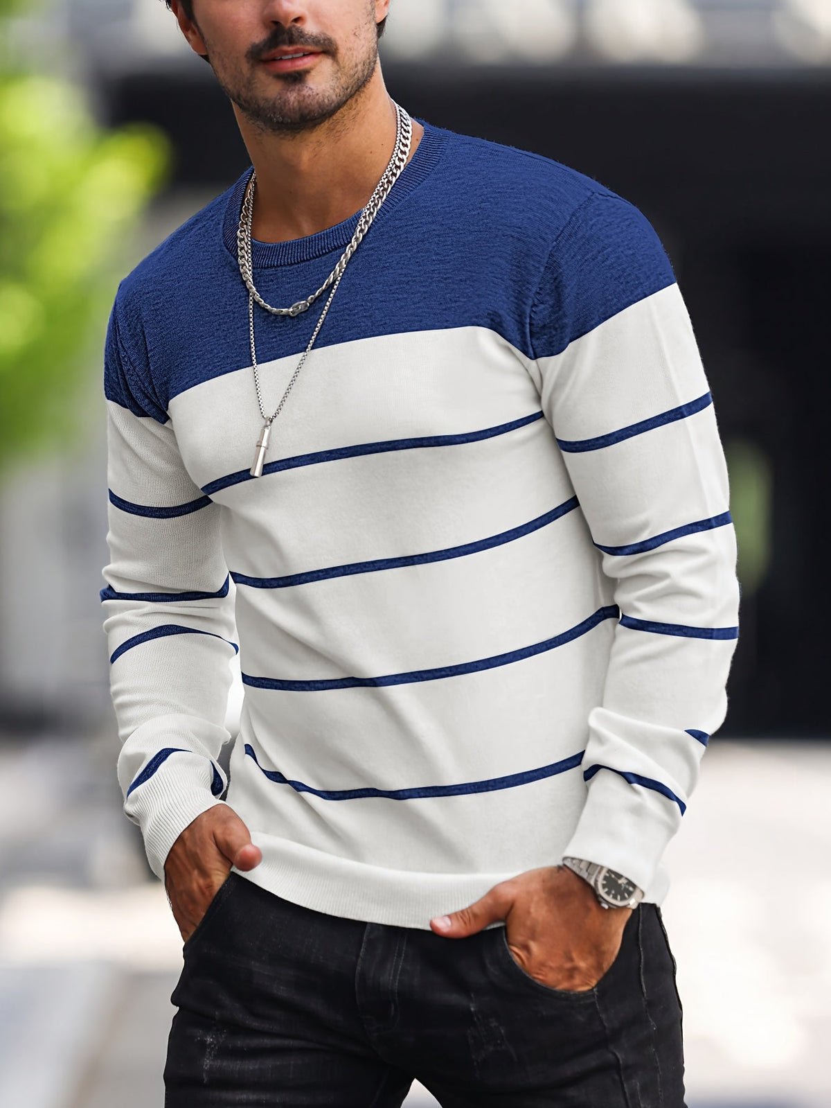 Kessoro Dark Brown striped crew neck knit sweater for men