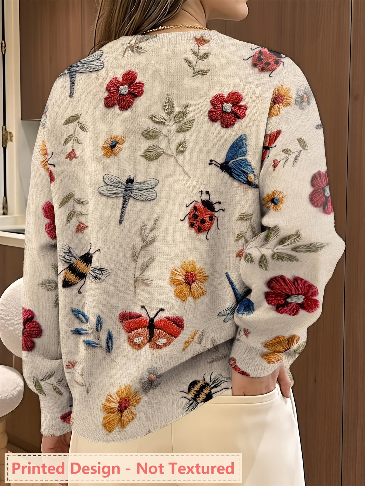 Kessoro women's botanical print crewneck knit sweater in purple, blue and apricot – view 4