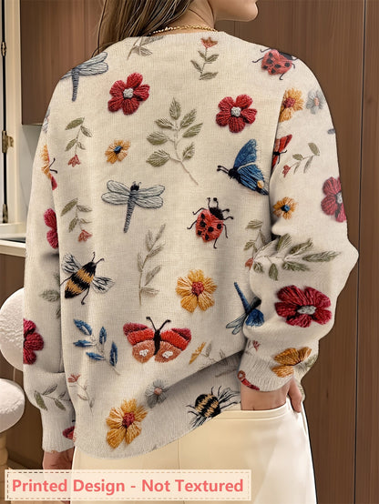 Kessoro women's botanical print crewneck knit sweater in purple, blue and apricot – view 4