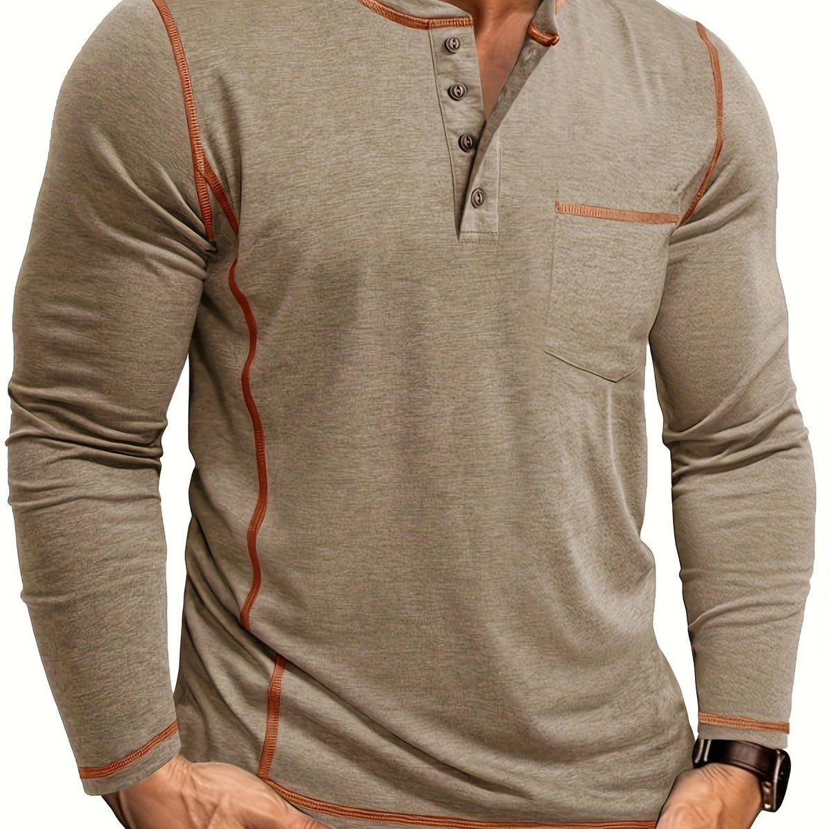 Men's contrast-stitch long sleeve henley shirt in khaki and green, front view