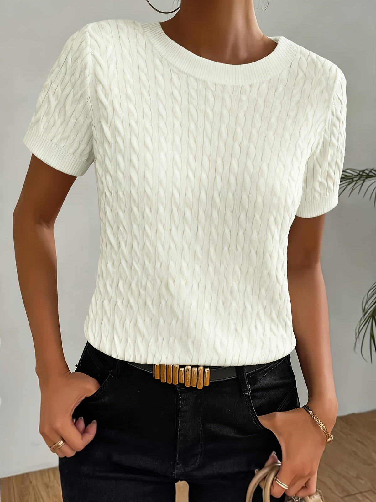 Kessoro women's textured round neck short sleeve top in white, black, navy and scarlet red - view 6 of 9