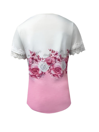 Kessoro women's lace-trimmed floral print top in light green, purple, tan and pink – view 9