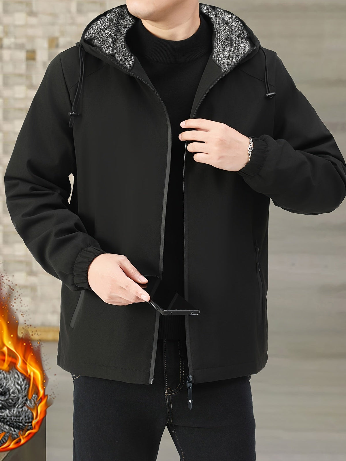 Kessoro men's fleece-lined full-zip hooded jacket in black and navy