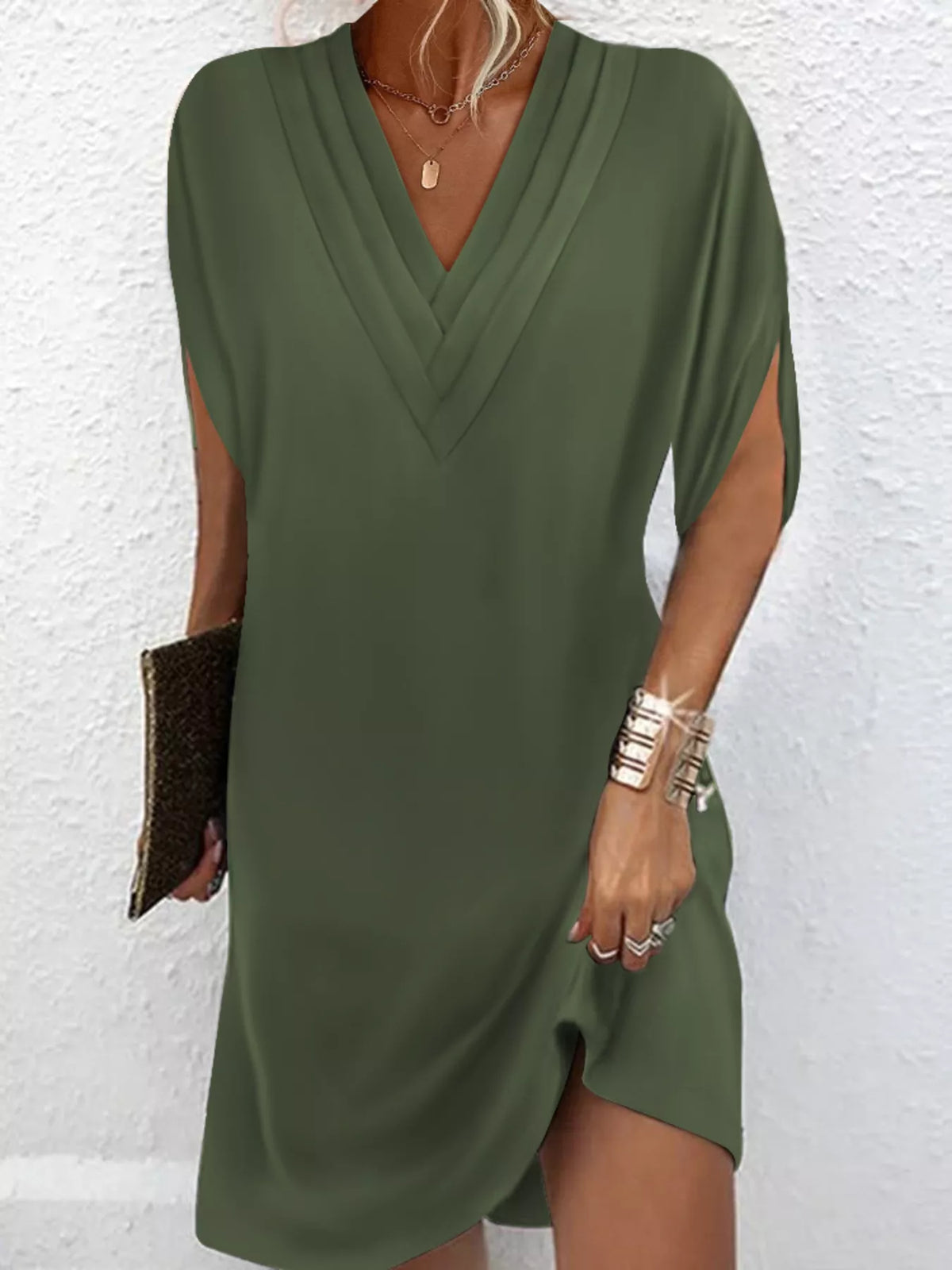 Women's V-neck mini dress with slit sleeves in army green, black, white, orange and pink