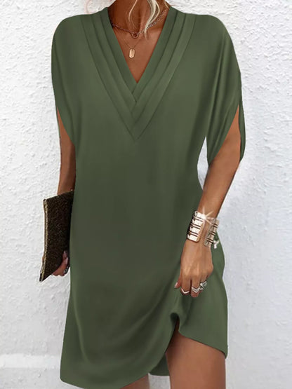 Women's V-neck mini dress with slit sleeves in army green, black, white, orange and pink