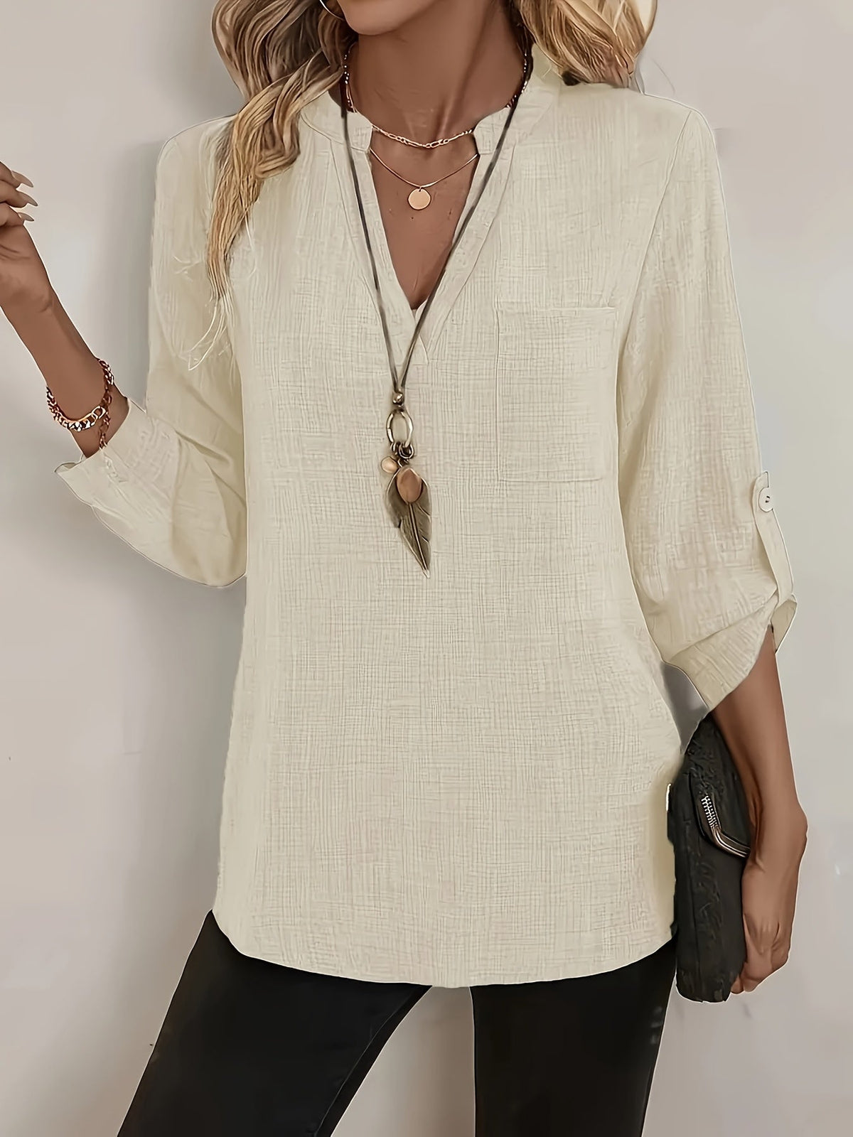 Women's relaxed V-neck roll-tab blouse in black, khaki, light green, apricot, blue and purple — Kessoro, image 10 of 16