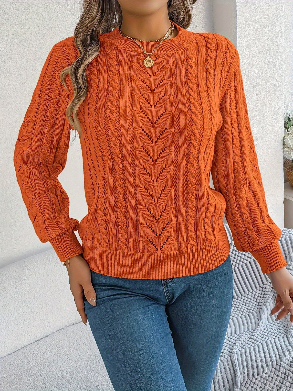 Kessoro Women's Cable-Knit Round Neck Sweater in khaki, grey and orange-red - women's apparel, view 19 of 21