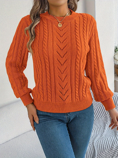 Kessoro Women's Cable-Knit Round Neck Sweater in khaki, grey and orange-red - women's apparel, view 19 of 21
