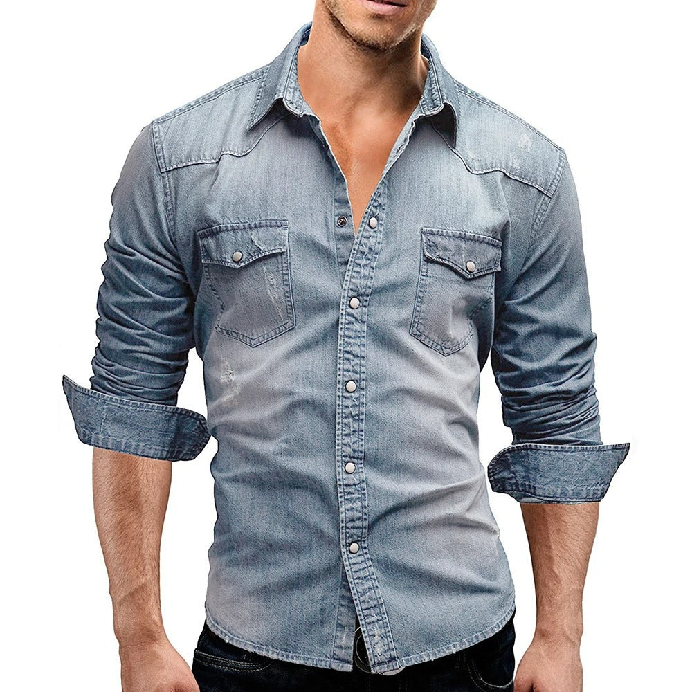 Men's rugged casual button-front shirt with chest pockets in a blue denim and grey colour family (view 1)