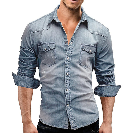 Men's rugged casual button-front shirt with chest pockets in a blue denim and grey colour family (view 1)