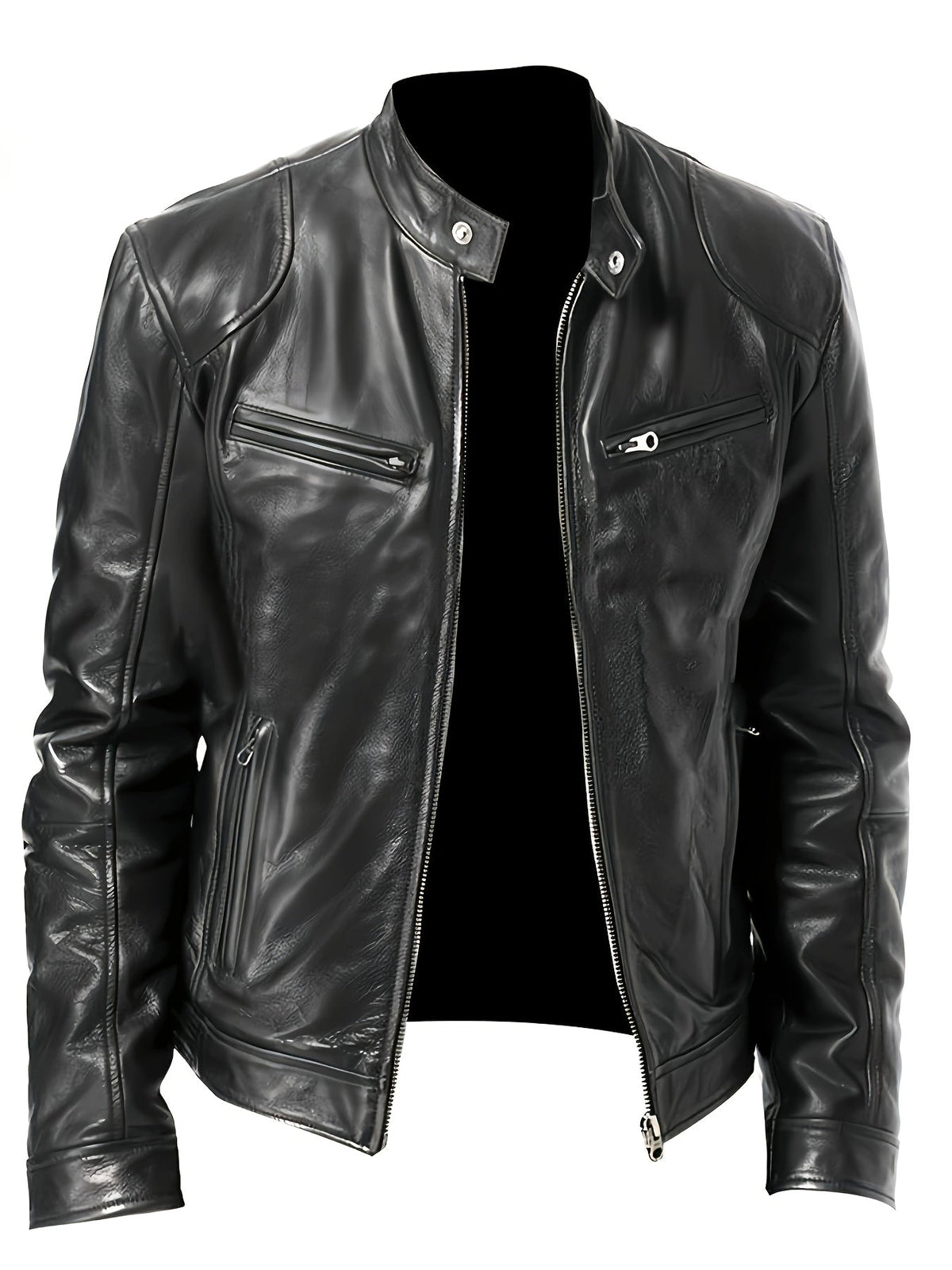 Kessoro men's stand-collar zip-front moto jacket in black and coffee brown - product view 2