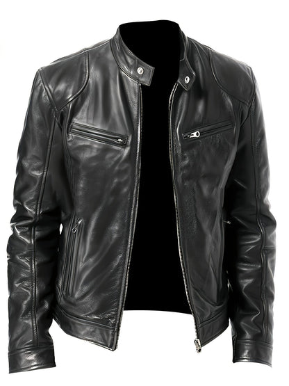 Kessoro men's stand-collar zip-front moto jacket in black and coffee brown - product view 2