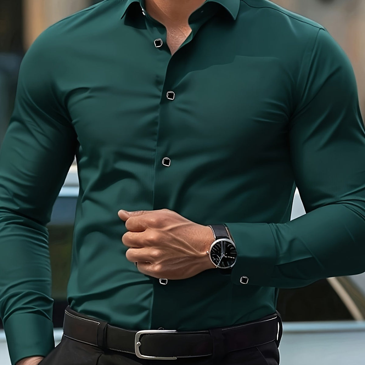 Kessoro Men's Refined Slim-Fit Dress Shirt in white, sky blue, black, dark green and light grey - men's apparel, view 19 of 32