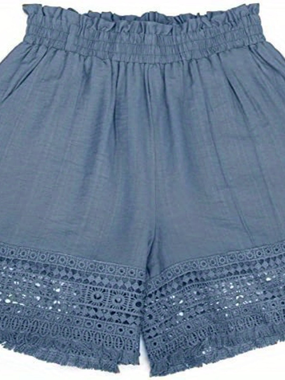 Kessoro women's lace-trim paper bag waist shorts in sky blue, khaki, black and white neutral tones