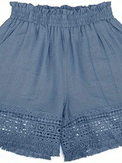 Kessoro women's lace-trim paper bag waist shorts in sky blue, khaki, black and white neutral tones