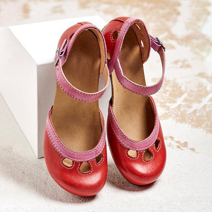 Women's low-heel T-strap comfort sandals in blue, orange, red and green — Kessoro, image 3 of 8