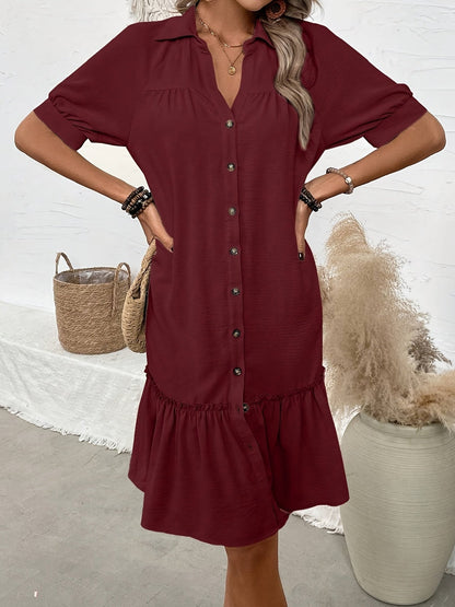 Women's button-front boho midi dress with pleated hem and rolled half sleeves