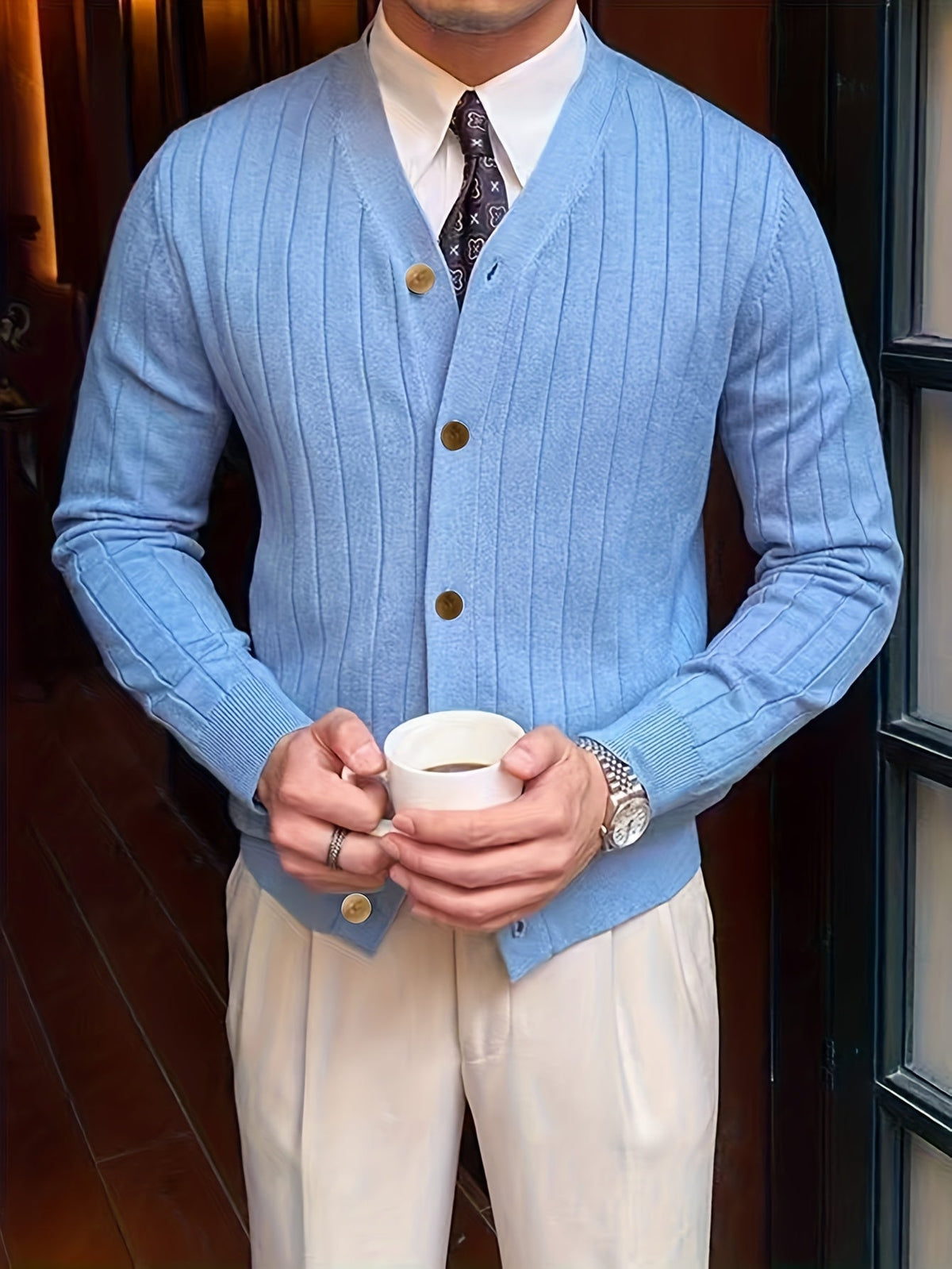 Kessoro Men's Classic Button-Up Knit Cardigan in white, sky blue and black - men's apparel, view 10 of 13