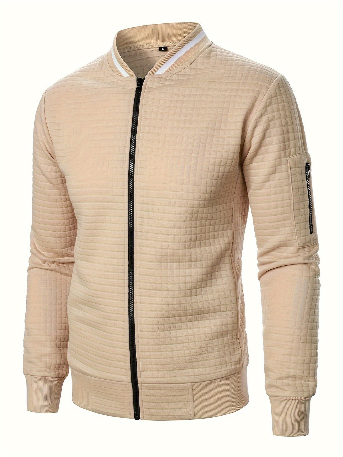 Men's textured stand-collar zip-up bomber jacket in khaki, black, dark gray, military green, navy and burgundy, detail view