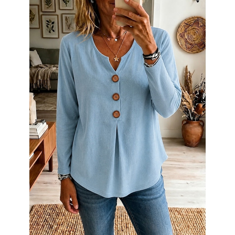 Women's ribbed buttoned V-neck top in blue, green, pink, black and white, front view