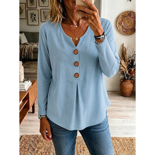Women's ribbed buttoned V-neck top in blue, green, pink, black and white, front view