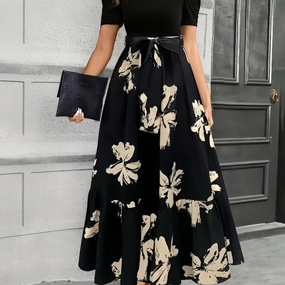 Women's puff-sleeve floral maxi dress in black
