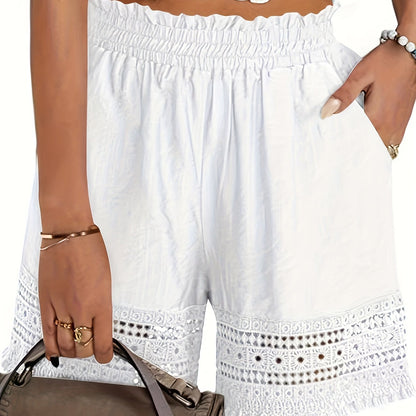Kessoro women's lace-trim paper bag waist shorts in sky blue, khaki, black and white neutral tones
