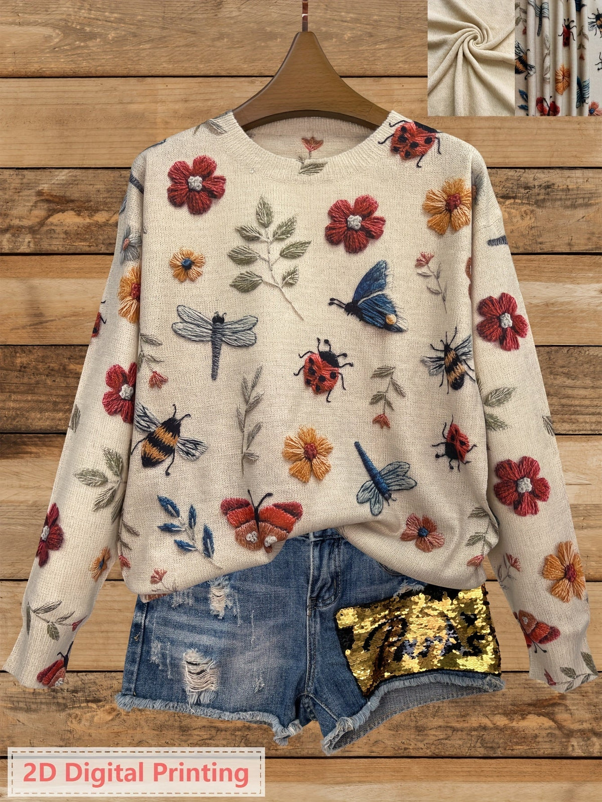 Kessoro women's botanical print crewneck knit sweater in purple, blue and apricot – view 7