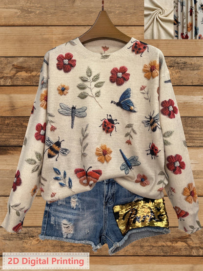 Kessoro women's botanical print crewneck knit sweater in purple, blue and apricot – view 7