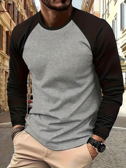 Men's two-tone raglan long-sleeve t-shirt in black, light grey and white, side view