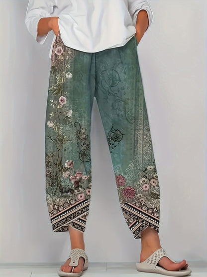 Kessoro women's botanical print elastic-waist cropped trousers in vintage plant and retro colours