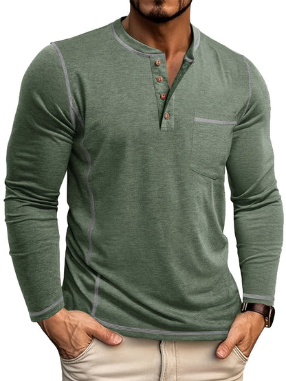 Men's contrast-stitch long sleeve henley shirt in khaki and green, colour option 1 side view
