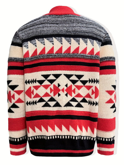Kessoro men's patterned stand-collar zip-up knit cardigan in red