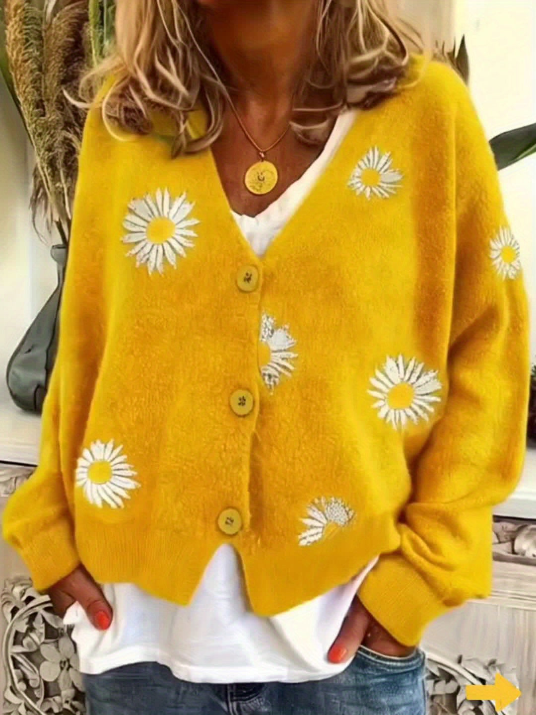 Kessoro women's floral embroidered button-front knit cardigan in green, blue, black, grey and yellow