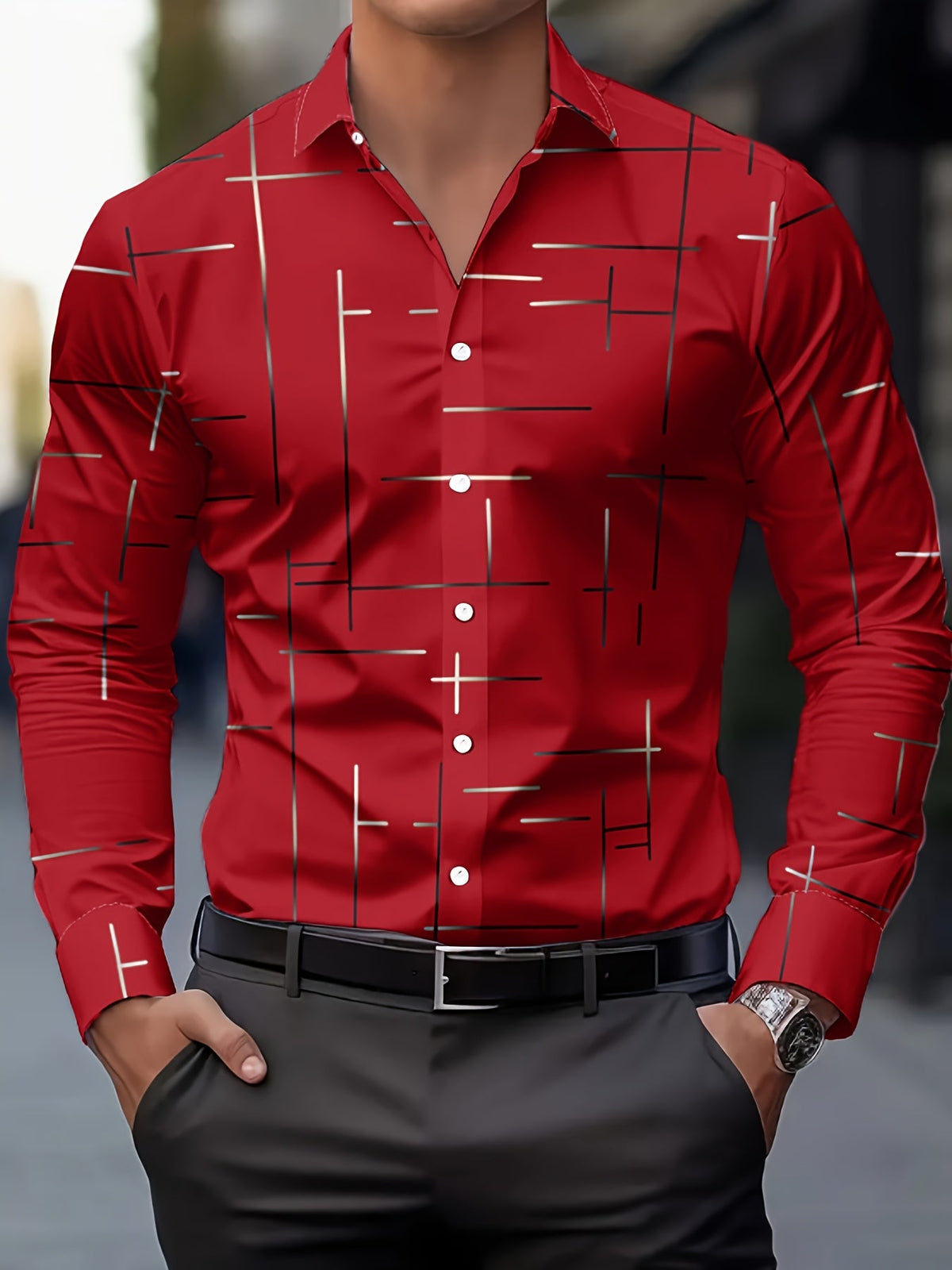 Men's line-print regular fit button-up shirt in navy, malachite green, orange yellow and pink, view 3