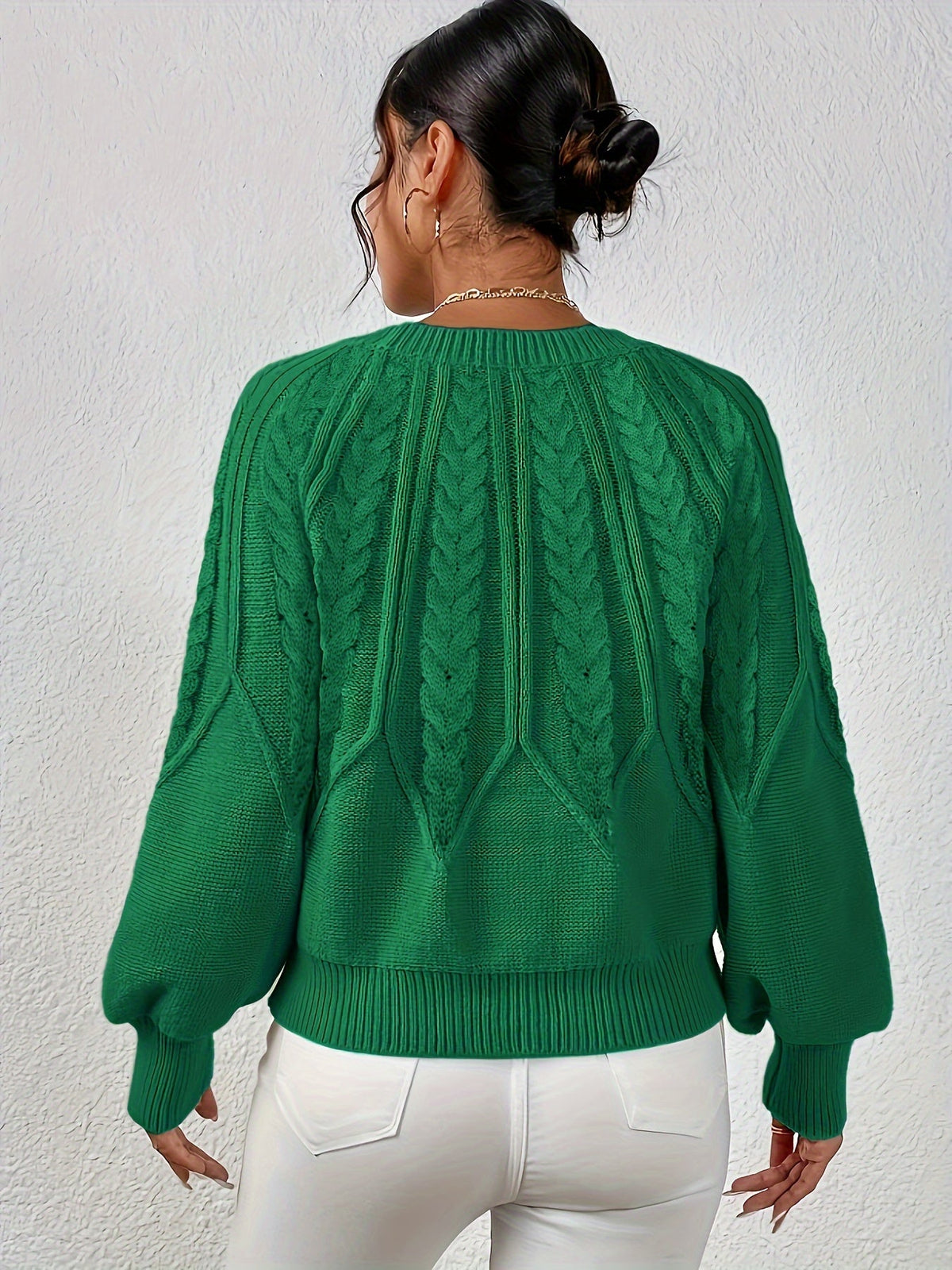 Kessoro women's relaxed cable-knit lantern-sleeve sweater in matcha, beige, burgundy, navy and camel